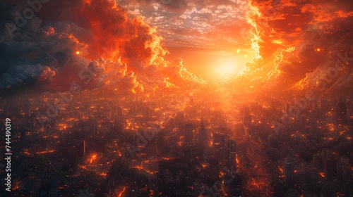 Urban Apocalypse City Engulfed in Explosion and Lava