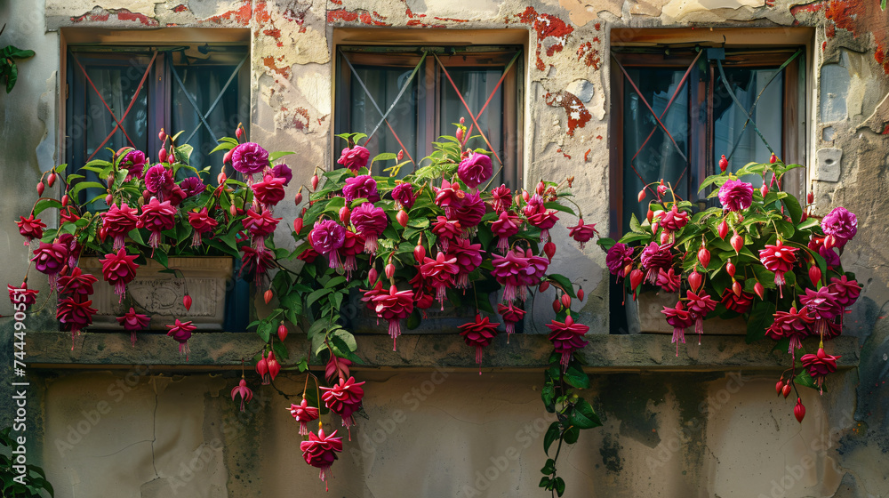 images of Fuchsia blooms adorning window boxes with architectural charm. 