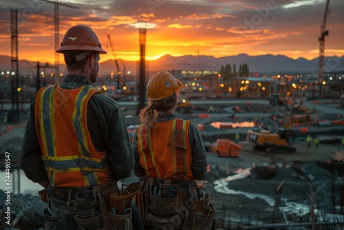 young construction workers looking over construction site and holding tablet at sunrise, in the style of reinforced concrete construction