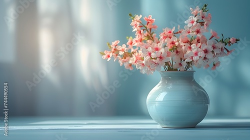 Japanese-inspired Floral Arrangement with Pink Flowers in Blue Vase