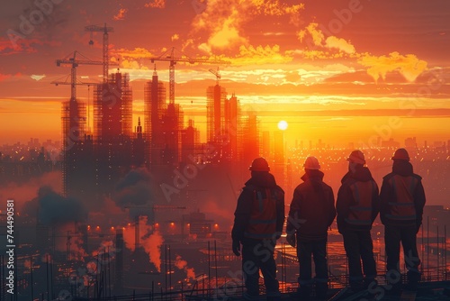 young construction workers looking over construction site and holding tablet at sunrise, in the style of reinforced concrete construction