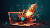  explosion of the new ecommerce program with an open laptop and rocket ship flying over it – photo