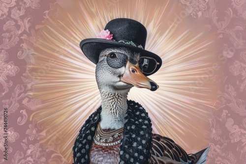 A painting showcasing a sophisticated duck adorned in a top hat, exuding elegance and charm. The duck stands out with its unique and stylish attire, captivating viewers with its whimsical flair photo