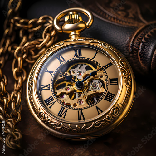 Antique pocket watch against a leather background. 