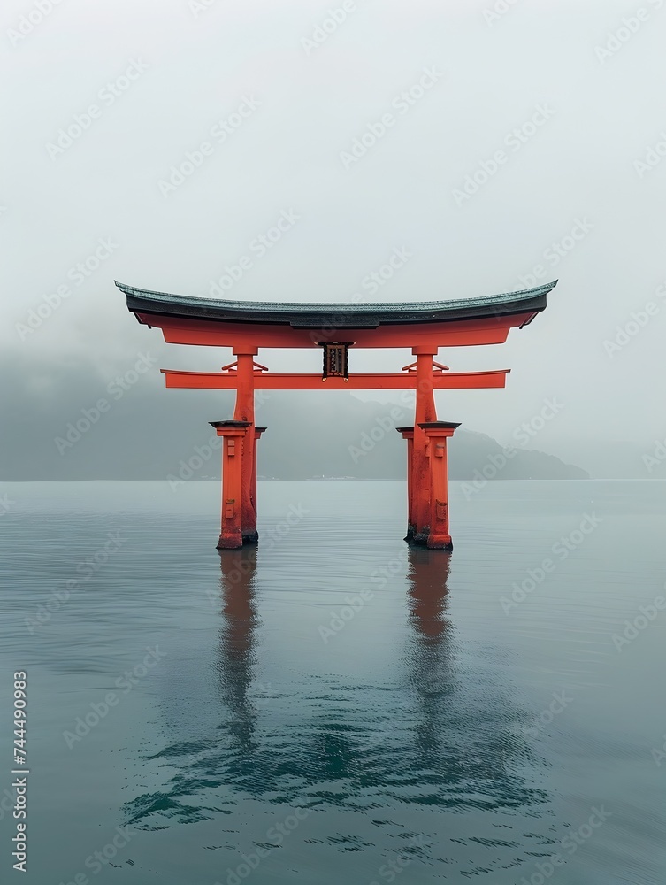Tori Gate in Foggy Water A Minimalist Japanese Landmark