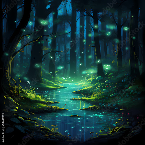 Bioluminescent fireflies in a dark forest.