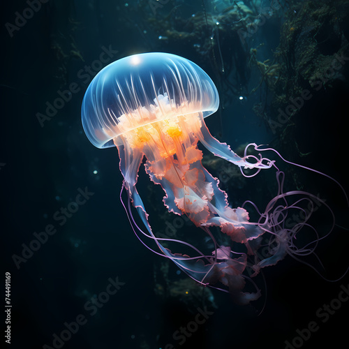 Bioluminescent jellyfish in a dark ocean. © Cao