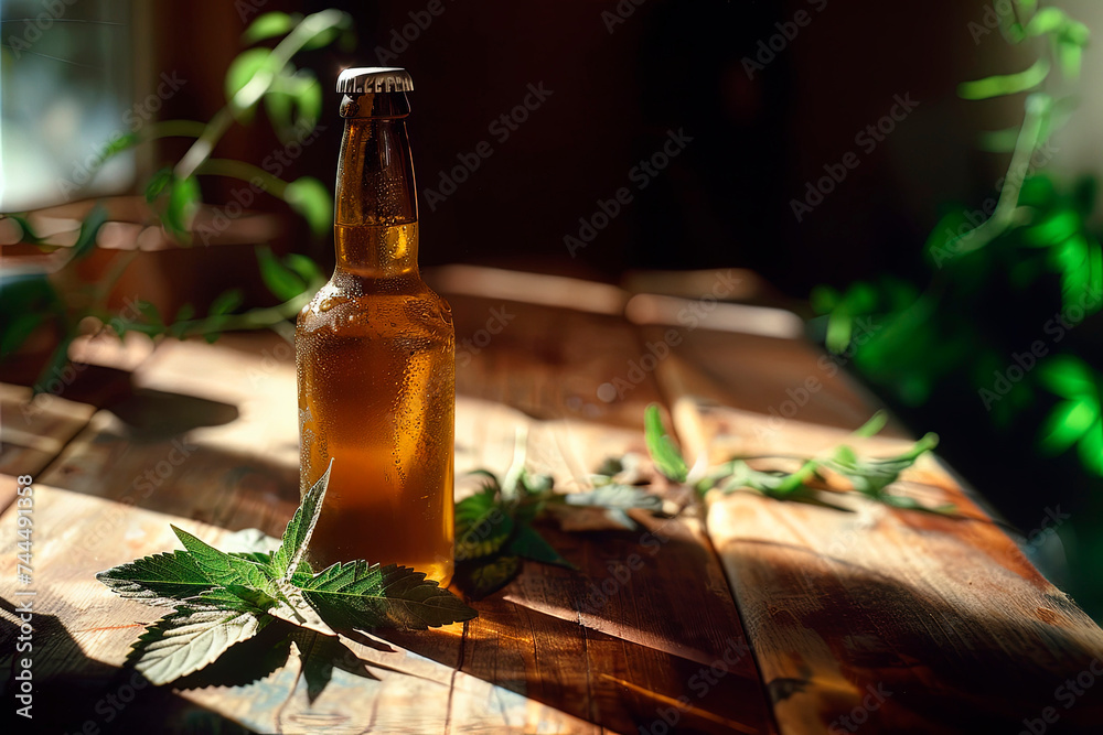 Hemp beer bottle on a wooden plank with copy-space for label and brand Hemp beer bottle on a wooden plank with copy-space for label and brand