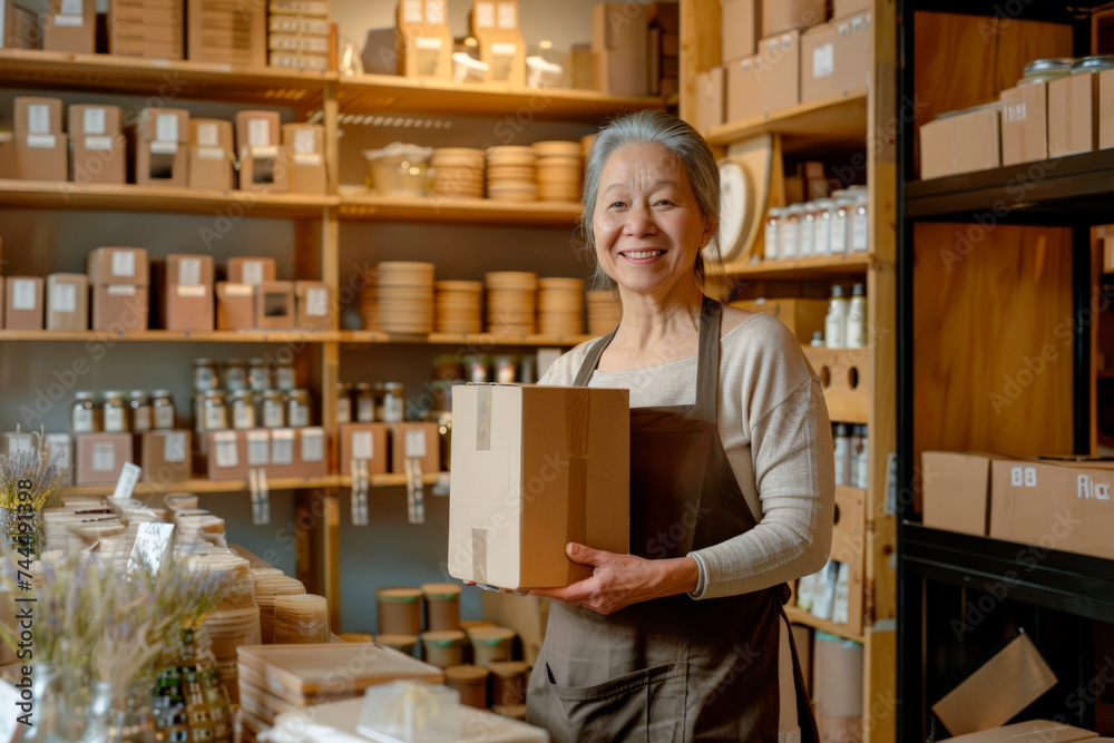 Middleaged woman smiling and preparing cardboard boxes in an eco-friendly sustainable shop