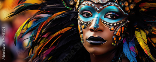 Carnival mask feathers amazing detail. luxury carnival mask for festive party, copy space for text.