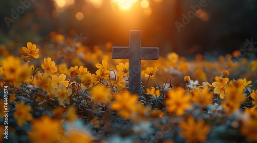 Cross in a Field of Yellow Flowers at Sunset