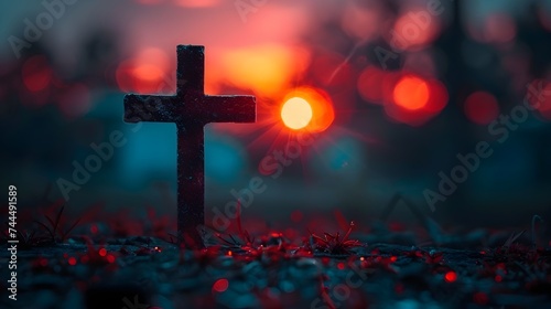 Cross in the Sunset with Rays of Light