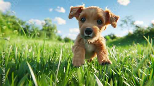 Joyful Puppy Frolic: Playful Young Dog Running Through a Lush Green Field with a Sunny Sky Above photo
