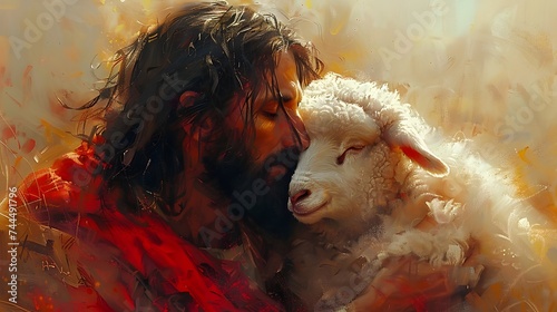 Jesus Embracing a Lamb in a Pastoral Scene photo