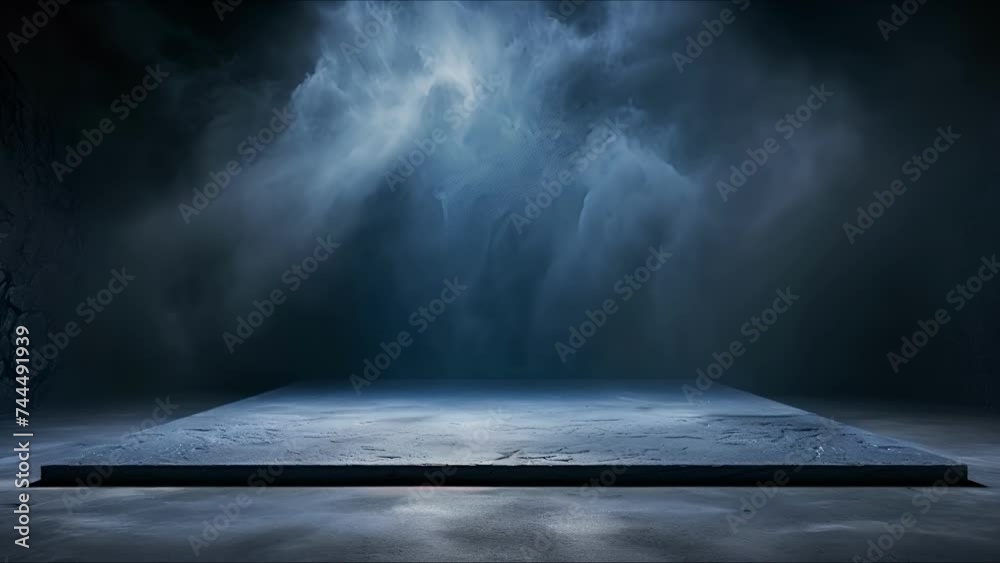 Room with smoke and light. Empty space with concrete floor and neon illumination. AI-generated.