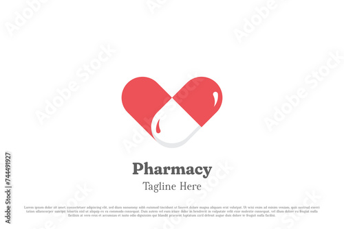 Love pharmacy logo design illustration. Silhouette of medicine medical health pill tablet pharmacy clinic doctor nurse wellness care. Simple minimal minimalist modern abstract creative icon symbol.