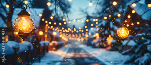 A winter wonderland at night, where Christmas trees and snow create a serene and festive holiday scene