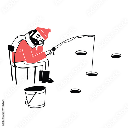 The old man in warm clothes on ice covered frozen lake pulls fishing smelt.