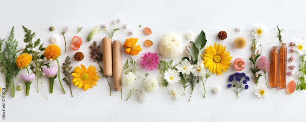 Pills with flowers on white table or isolated. health nature concept - obrazy, fototapety, plakaty 