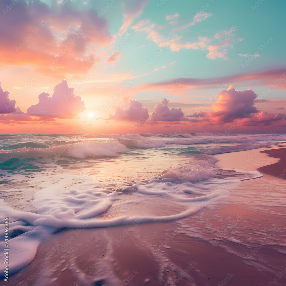 Dreamy pastel-colored sunset by the beach.