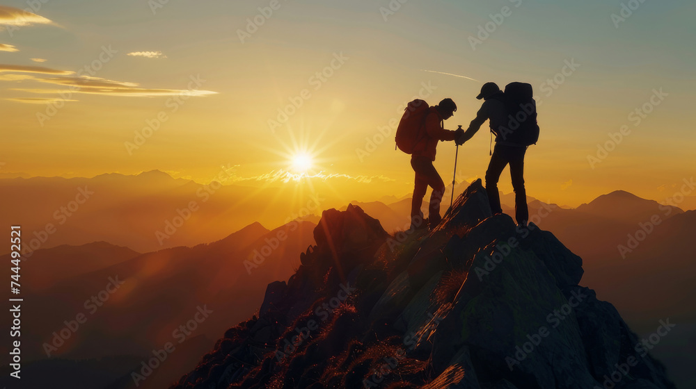 Two hikers reaching the summit at sunrise with a spectacular mountain view.