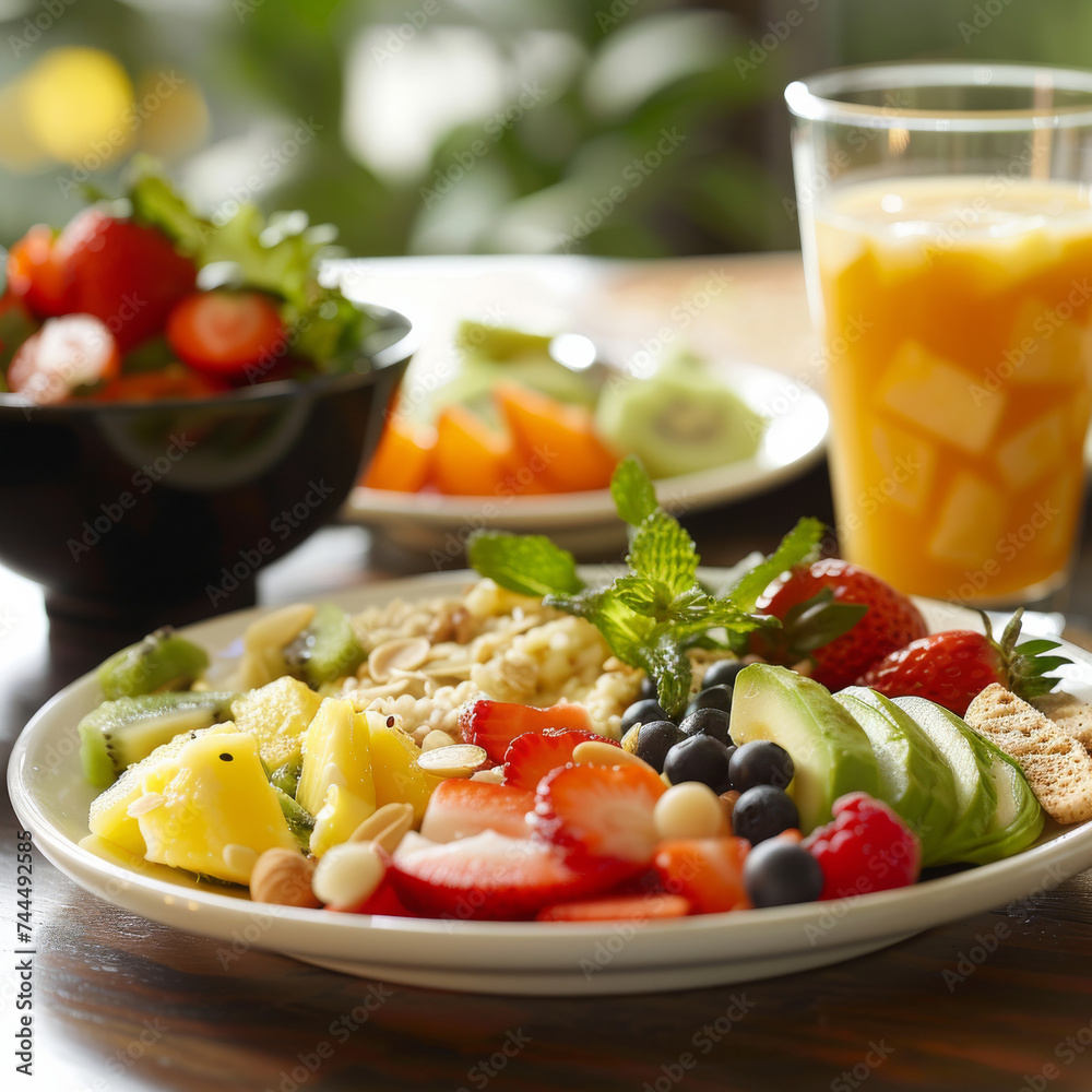 Healthy breakfast set with a colorful plate of fruits and glass of orange juice.