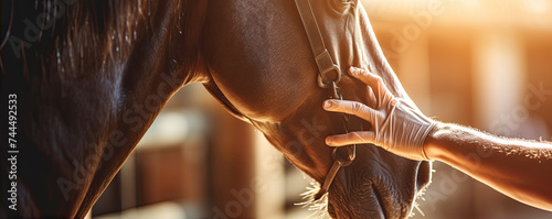 Man and horse indoor detail. horse in a stable with backlight.