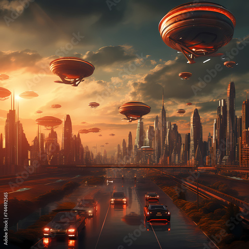 Dystopian city skyline with flying cars. 