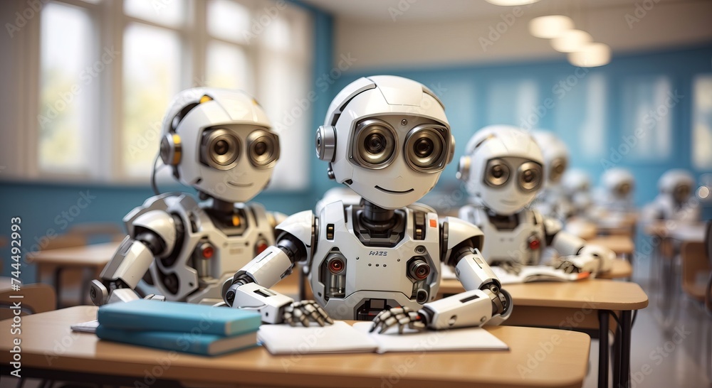 Robots in school room studying as student Robots in school room studying as student