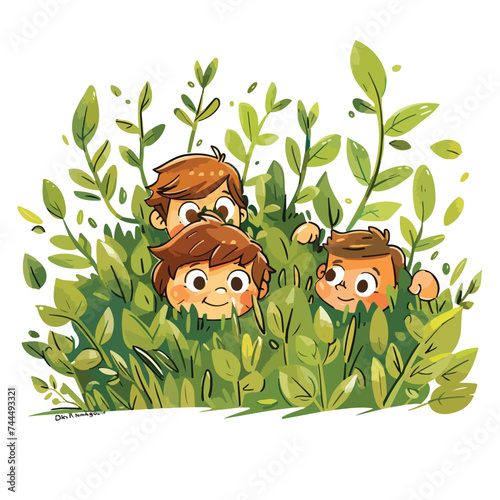 Cute kids and cats peeking out from bushes. Lovely k