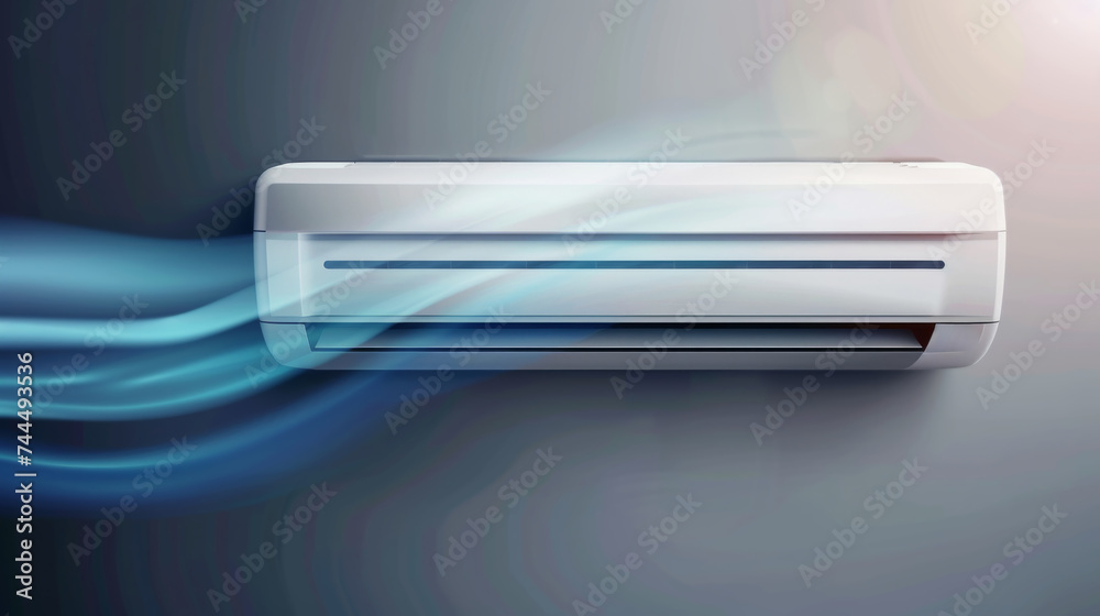 Air conditioner with cold wind waves, conditioning off and on regime for home and office, electronic modern appliance for controlling temperature and climate in room, realistic 3d vector illustration