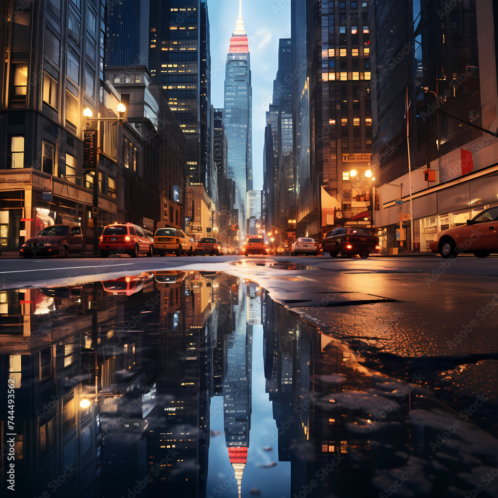 Reflections of skyscrapers in a rain-soaked street 
