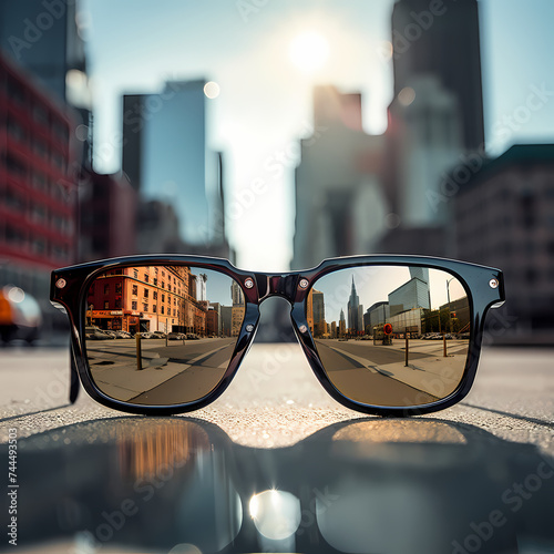 Reflection of a cityscape in a pair of sunglasses.