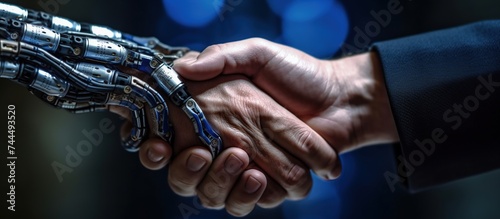 businessman's human hand shaking hands with robot's hand. partner and digital transformation concept