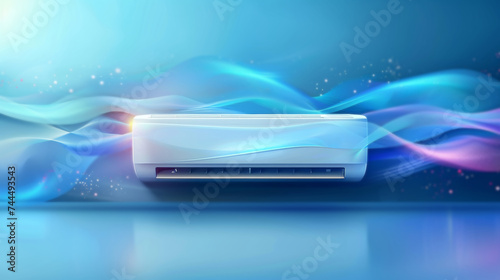 Air conditioner with cold wind waves, conditioning off and on regime for home and office, electronic modern appliance for controlling temperature and climate in room, realistic 3d vector illustration
