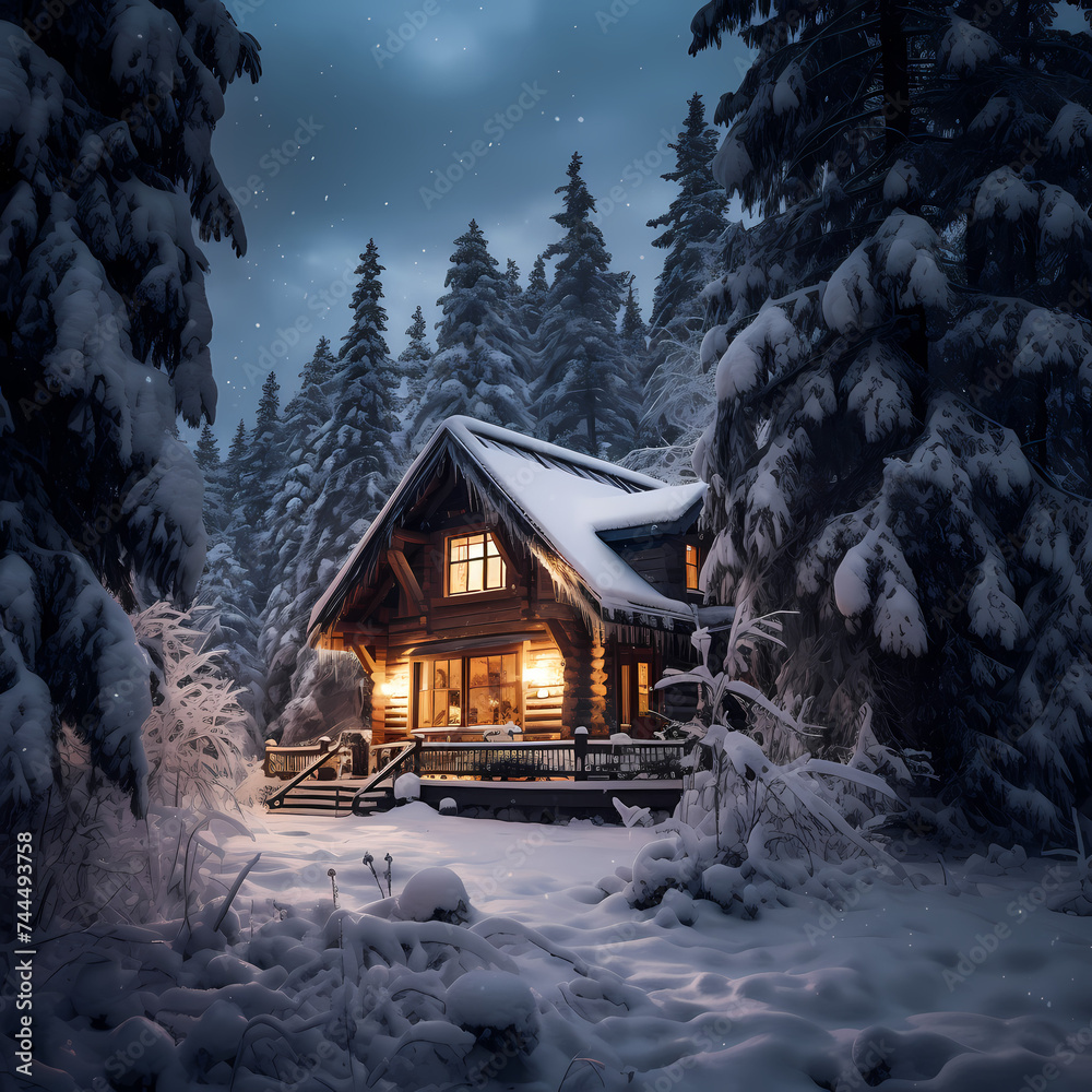 Snow-covered cabin in a winter wonderland.