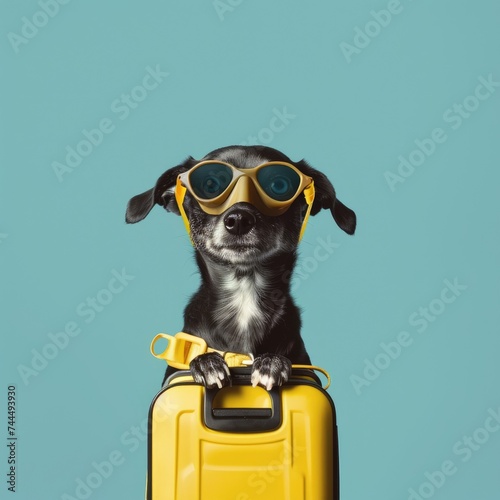 Cute dog with a suitcase and travel accessories on a blue background. Preparing for summer vacation. © Tatiana Munko