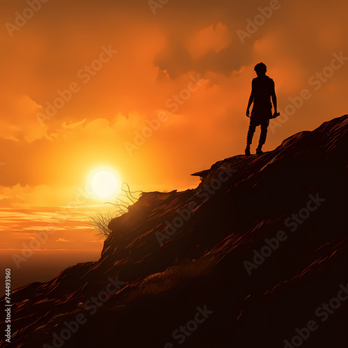 Sunset silhouette of a person on a hill. © Cao
