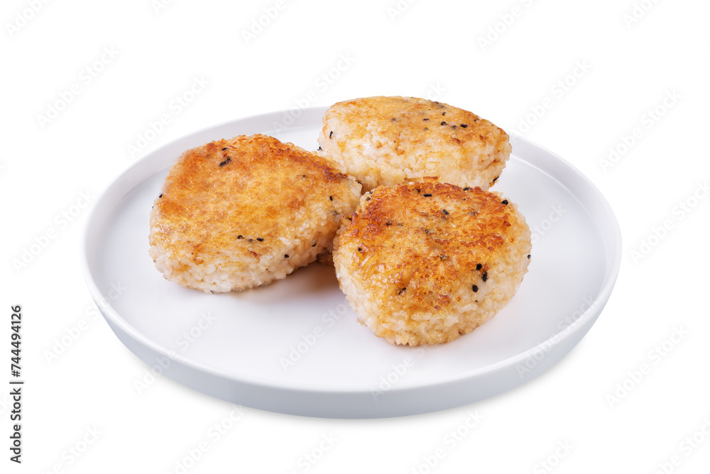 Yaki onigiri, Japanese triangular rice balls stuffed with shrimp on a white isolated background Yaki onigiri, Japanese triangular rice balls stuffed with shrimp on a white isolated background