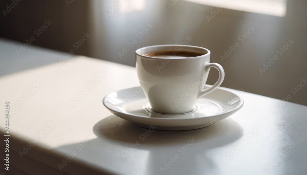 A hot cup of coffee on a saucer, set against a white background, casting a subtle shadow. A hot cup of coffee on a saucer, set against a white background, casting a subtle shadow.