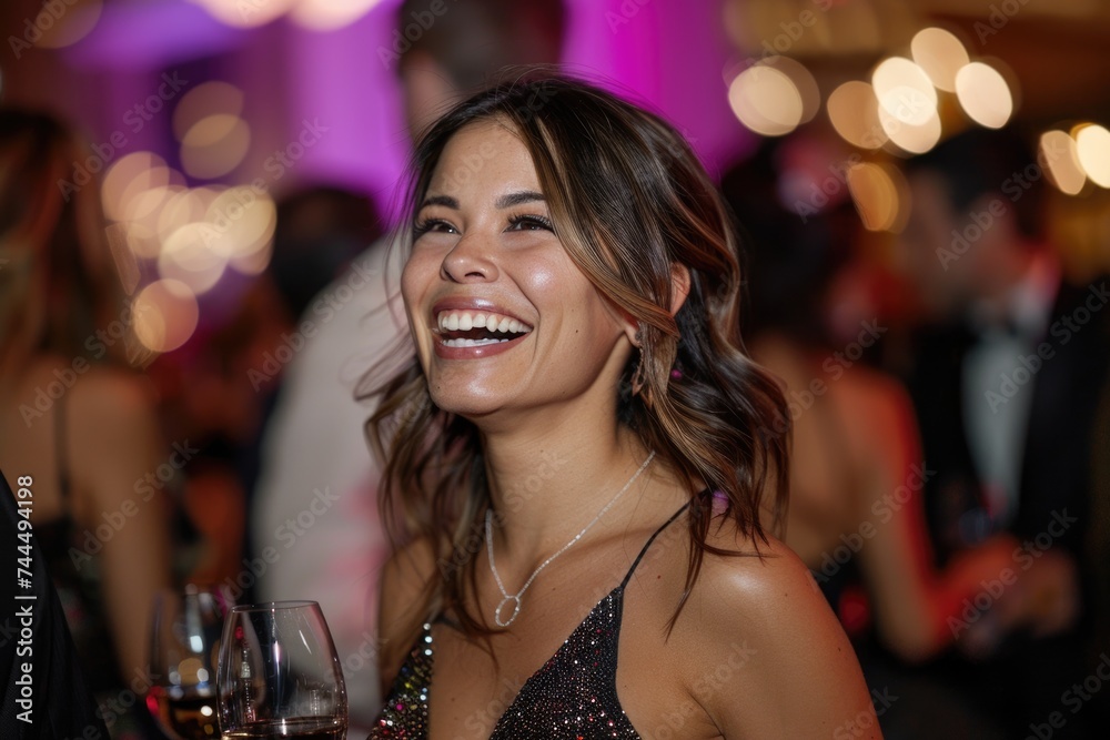 Laughter at the Gala: Joyous Moment. A woman laughing freely at a gala event, embodying the joy and festivity of the occasion.