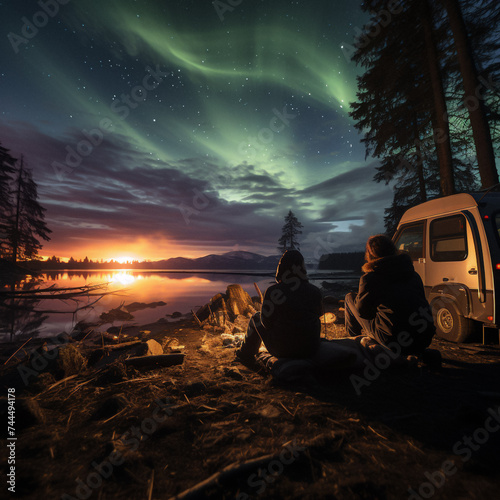 couple sitting on camping at sunset