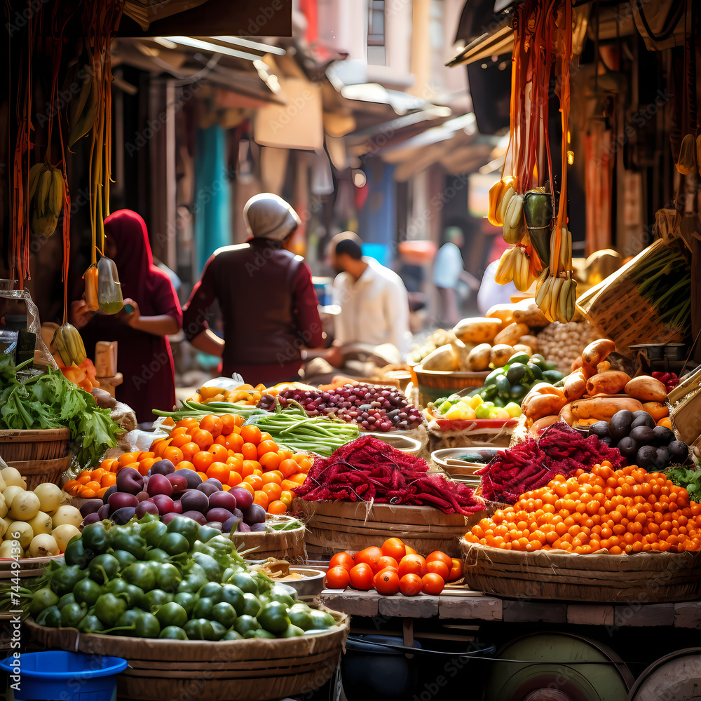 Vibrant market scene with fruits and vegetables.