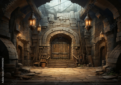 The courtyard of an ancient castle with large wooden doors.