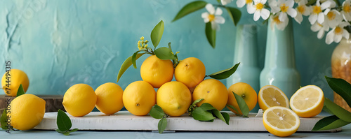 A citrus-themed podium featuring lemons, creating a refreshing and vibrant setting for product displays related to beauty or health.