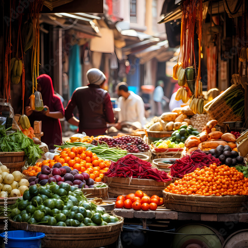 Vibrant market scene with fruits and vegetables.