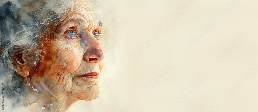 A watercolor portrait of an elderly woman gazing to the side