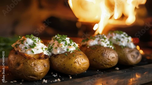 Savor the rustic flavors of the countryside with these Fireside Baked Potatoes slowroasted in the open fireplace and served with a creamy and zesty sour cream and chive topping. photo