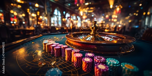 Immerse Yourself in the Excitement and Risk of Gambling at a Lively Casino Table. Concept Casino Games, Gambling Excitement, Risky Bets, Lively Atmosphere, Table Games