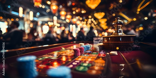 Detailed view of a bustling casino floor filled with gamblers and excitement. Concept Casino Environment, Crowded Scene, Gambling Activity, Vibrant Atmosphere, Excited Gamblers photo